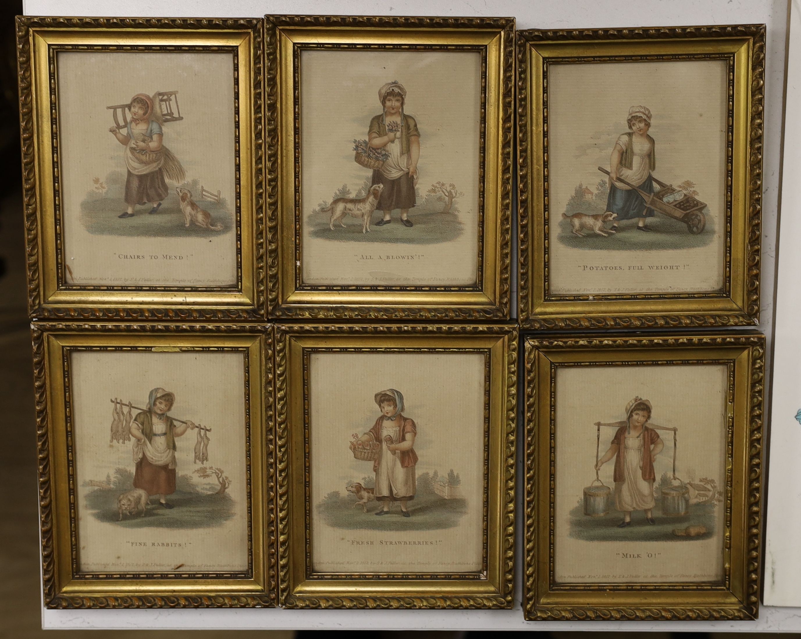 S & J Fuller at the Temple of Fancy, Rathbone Place, 6 hand coloured engravings of town criers 14x10cm